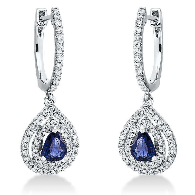 Ohrschmuck 18 kt WG, 116 Brill. 0,40 ct, TW-si, 2 Saphire 0,73 ct blau