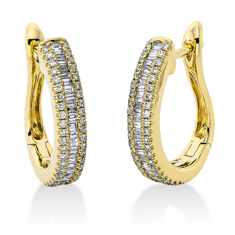 Creolen 18 kt GG, 35 Trap. 0,21 ct, TW-vsi, 16 Bag. 0,12 ct, TW-vsi, 84 Brill. 0,31 ct, TW-si