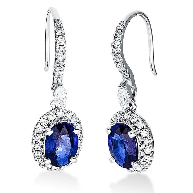 Ohrhänger 18 kt WG, 2 Nav. 0,14 ct, TW-si, 52 Brill. 0,37 ct, TW-si, 2 Saphire 1,78 ct blau