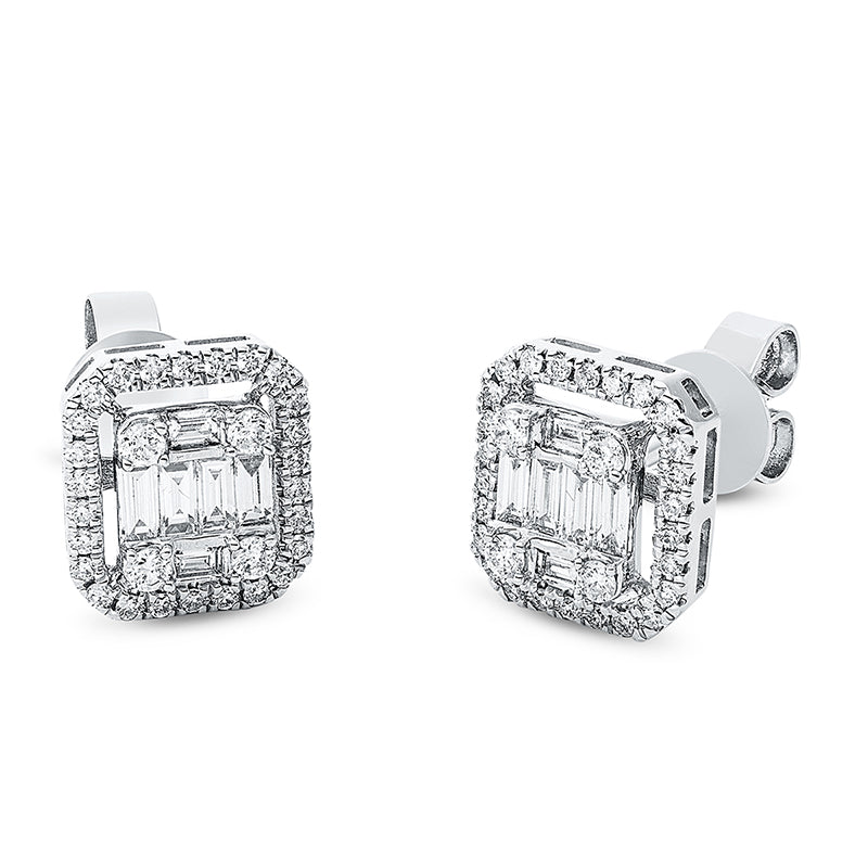 Ohrstecker 18 kt WG. 12 Baguette 0.33 ct. TW-si. 60 Brillanten 0.35 ct. TW-si. H:9.9 mm. B:8.9 mm. S:4.3 mm