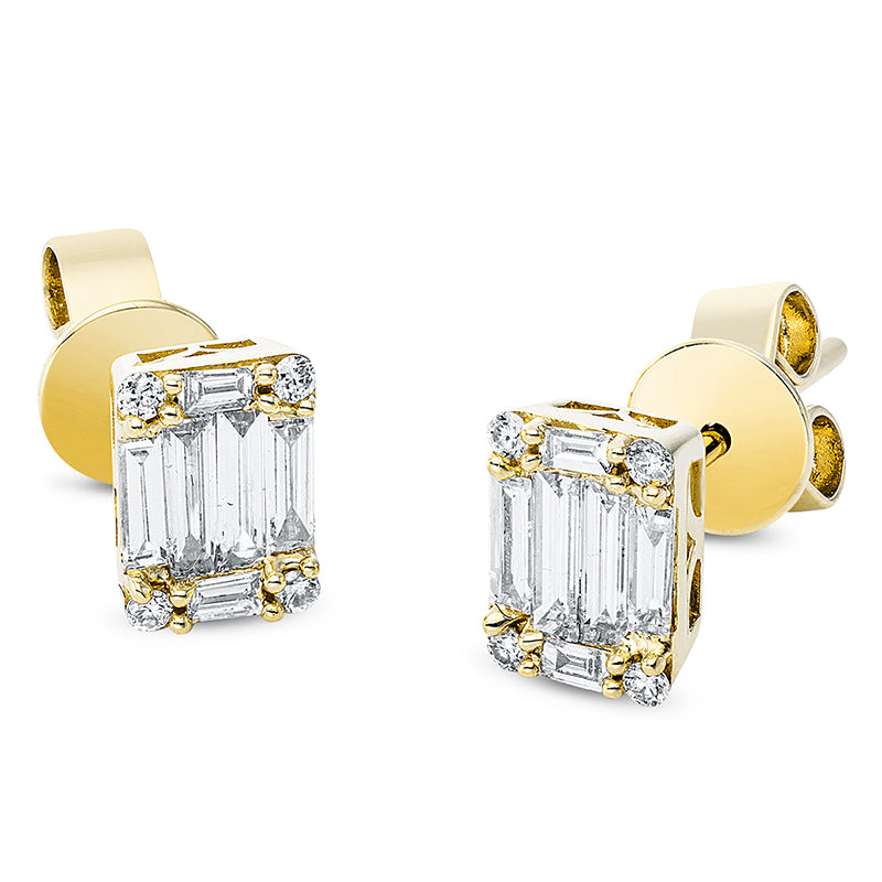 Ohrstecker 18 kt GG. 12 Baguette 0.34 ct. TW-vsi/si. 8 Brillanten 0.06 ct. TW-si. H:6.7 mm. B:4.9 mm. S:3.5 mm