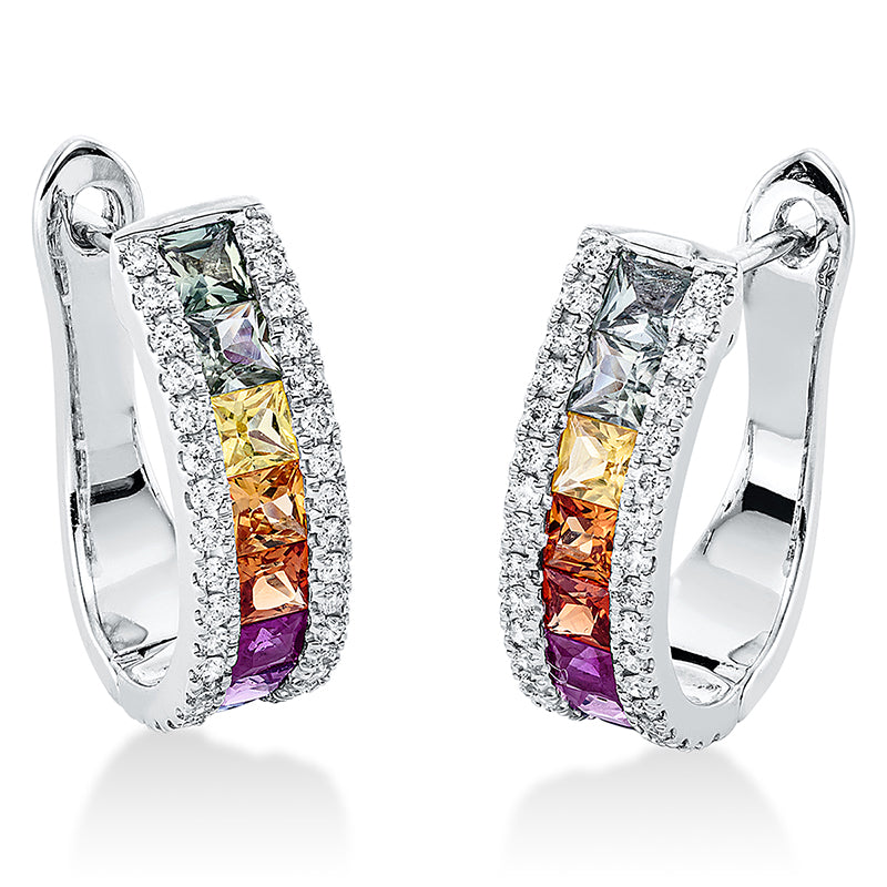 Creolen 18 kt WG. 68 Brillanten 0.39 ct. TW-vsi/si. 16 Saphire 2.02 ct fancy