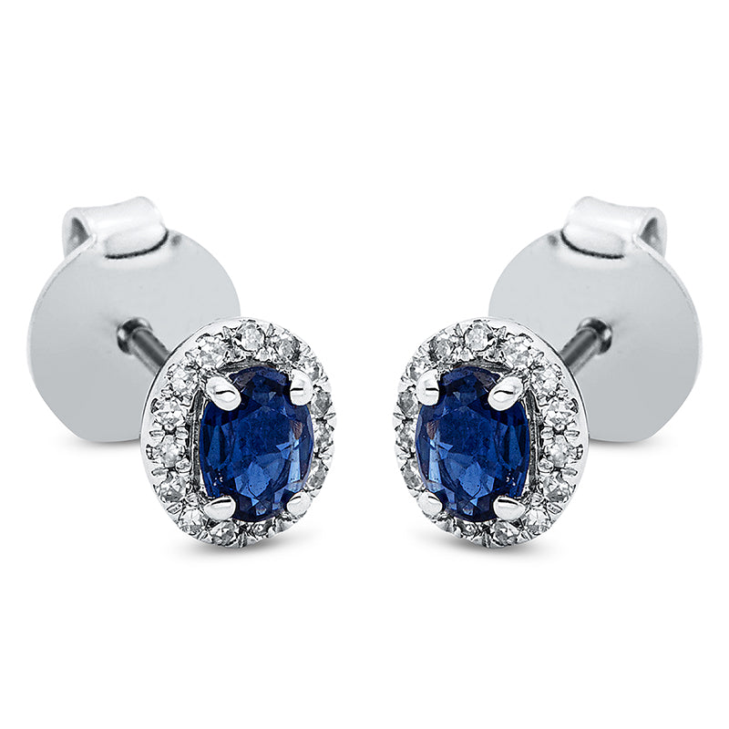 Ohrstecker 18 kt WG, 30 Brill. 0,08 ct, TW-si, 2 Saphire 0,49 ct blau
