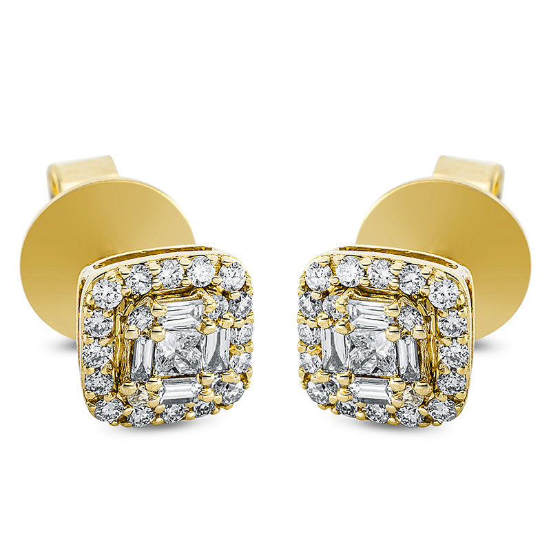 Ohrstecker 18 kt GG, 8 Bag. 0,07 ct, TW-si, 2 Princ. 0,09 ct, TW-si, 40 Brill. 0,19 ct, TW-si