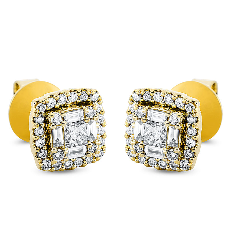 Ohrstecker 18 kt GG, 8 Bag. 0,14 ct, TW-si, 2 Princ. 0,17 ct-si, 48 Brill. 0,31 ct, TW-si
