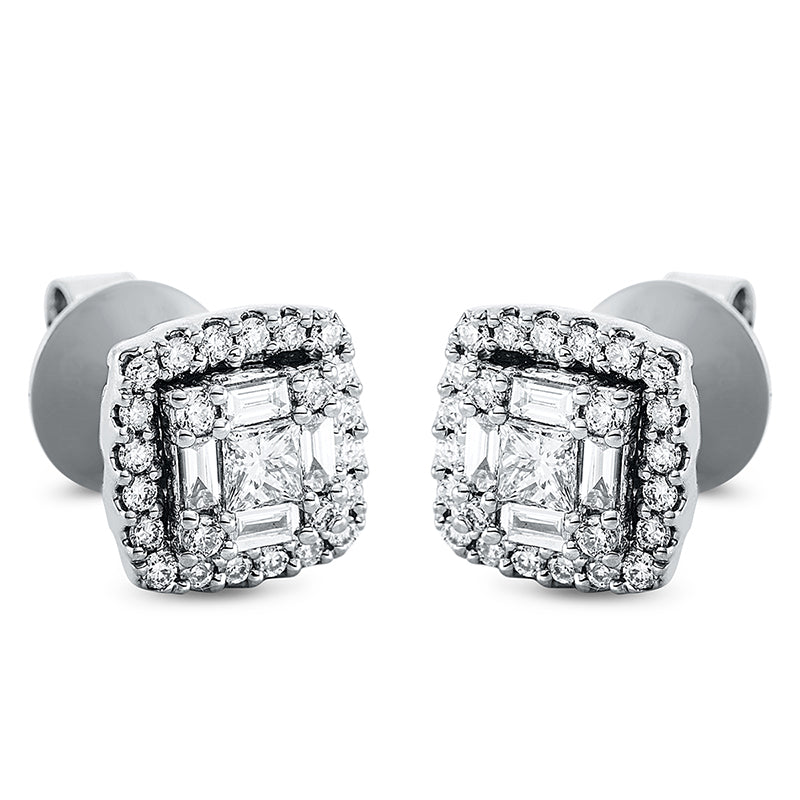 Ohrstecker 18 kt WG, 8 Bag. 0,14 ct, TW-si, 2 Princ. 0,17 ct, TW-si, 48 Brill. 0,31 ct, TW-si