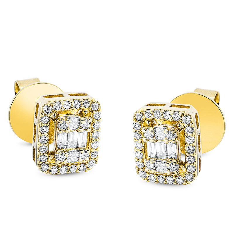 Ohrstecker 18 kt GG, 12 Bag. 0,22 ct, TW-si, 8 Princ. 0,12 ct, TW-si, 104 Brill. 0,46 ct, TW-si