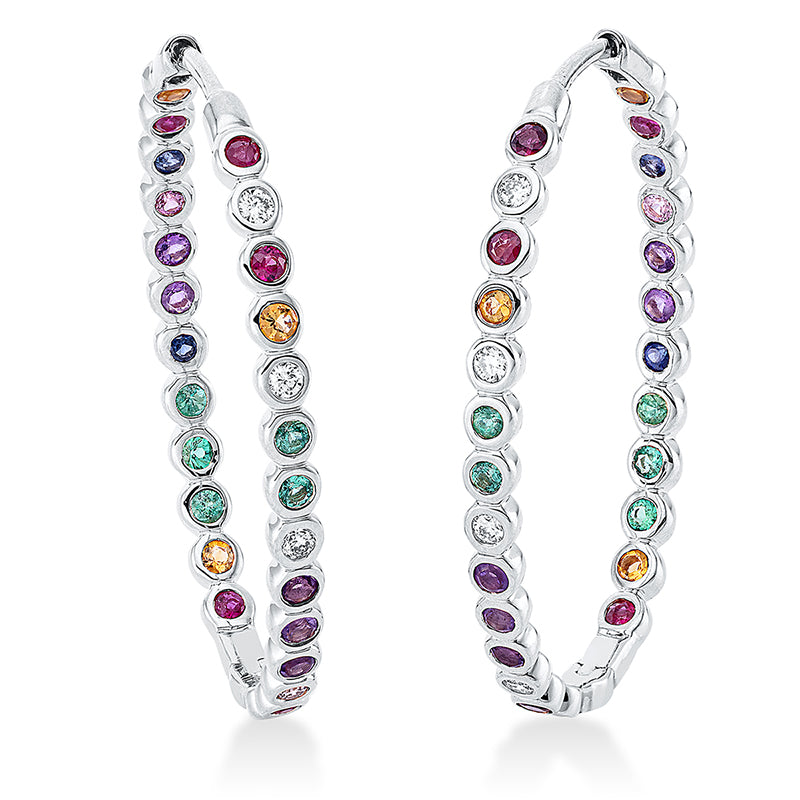 Creolen 18 kt WG. 8 Brillanten 0.11 ct. TW-si. 44 Farbsteine 0.70 ct fancy. H:30.0 mm. B:22.6 mm. S:2.4 mm