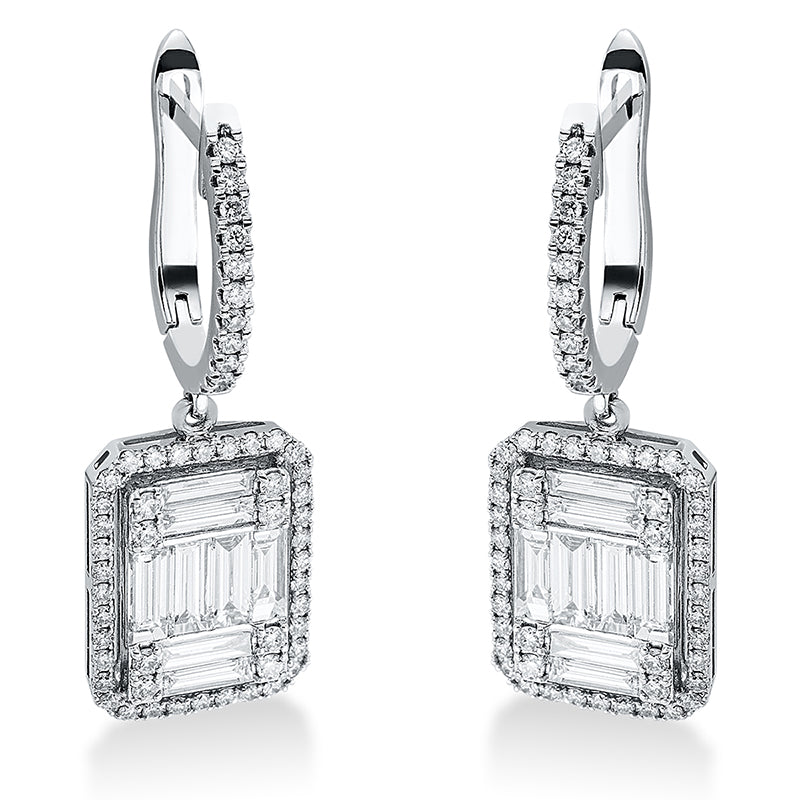 Ohrschmuck 14 kt WG, 16 Brill. 0,24 ct, F-vsi, 8 Bag. 0,64 ct, F-vsi, 8 Bag. 1,06 ct, F-vsi, 92 Brill. 0,63 ct, F-vsi