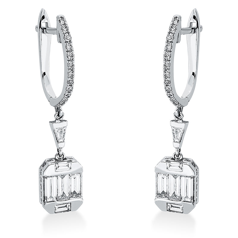 Ohrschmuck 14 kt WG, 6 Bag. 0,31 ct, F-vsi, 6 Bag. 0,68 ct, F-vsi, 64 Brill. 0,33 ct, TW-vsi
