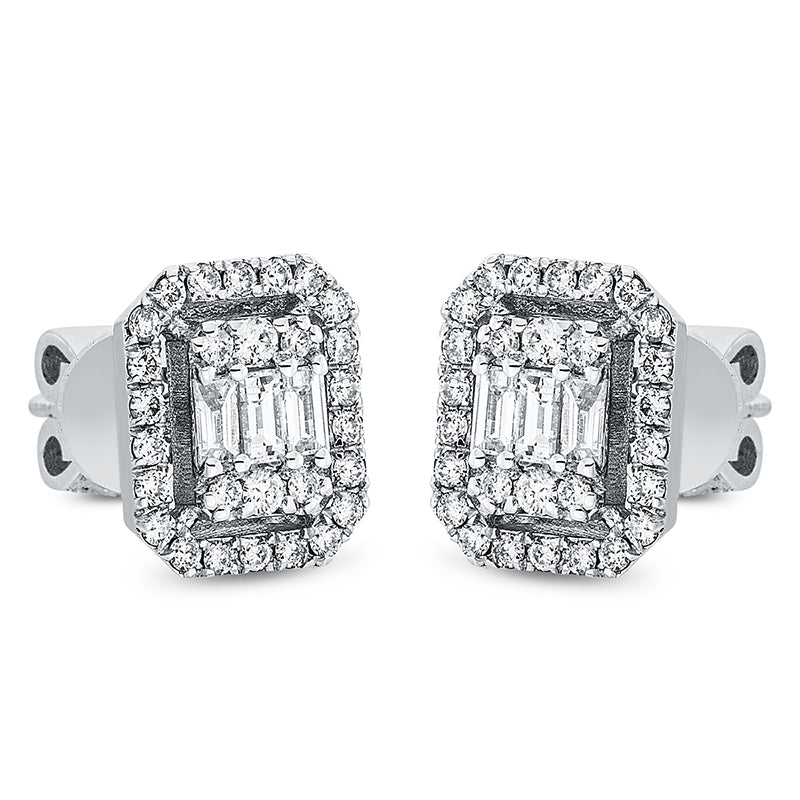 Ohrstecker 14 kt WG, 4 Brill. 0,06 ct, F-vsi, 6 Bag. 0,28 ct, F-vsi, 52 Brill. 0,38 ct, F-vsi