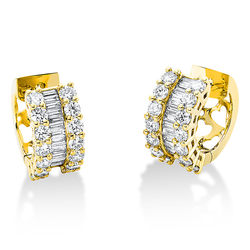 Creolen 18 kt GG, 30 Bag. 0,61 ct, TW-si, 28 Brill. 1,74 ct, TW-si
