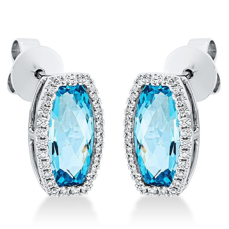 Ohrstecker 18 kt WG, 56 Brill. 0,24 ct, TW-si, 2 Topase 4,40 ct blau