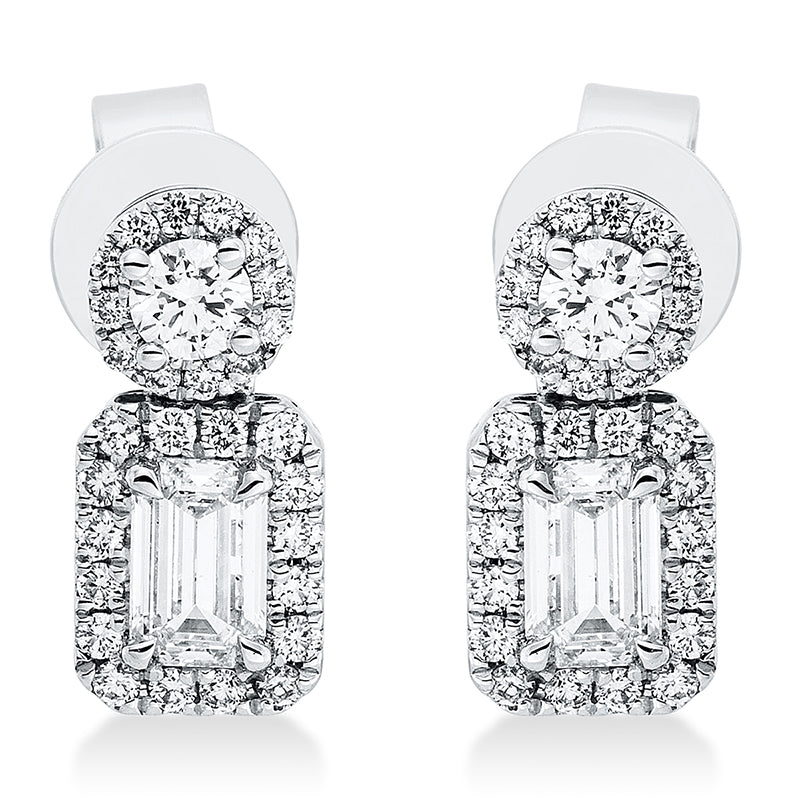 Ohrstecker 18 kt WG, 2 Brill. 0,18 ct, TW-vsi, 56 Brill. 0,28 ct, TW-vsi, 2 Sm.schliff 0,65 ct, TW-vsi
