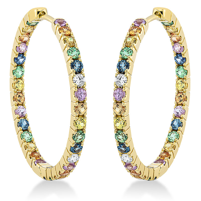 Creolen 18 kt GG, 4 Brill. 0,15 ct, TW-vsi/si, 58 Saphire 3,02 ct multicolor