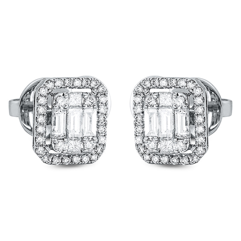 Ohrstecker 18 kt WG. 4 Princ. 0.13 ct. D-vvs/vs. 6 Baguette 0.49 ct. D-vsi. 60 Brillanten 0.10 ct. D-vvs/vs. H:10.5 mm. B:9.0 mm. S:3.4 mm
