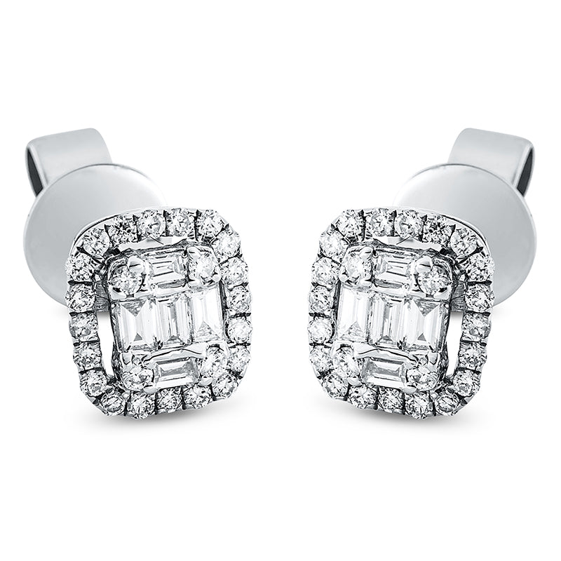 Ohrstecker 18 kt WG. 10 Baguette 0.16 ct. TW-vsi. 48 Brillanten 0.19 ct. TW-si. H:7.2 mm. B:6.4 mm. S:3.7 mm