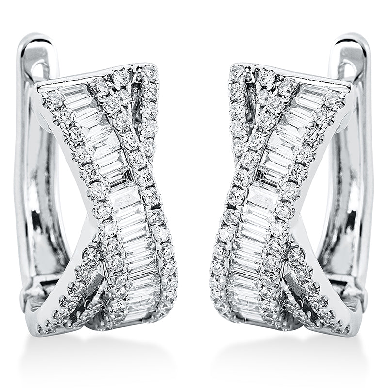 Creolen 18 kt WG. 32 Baguette 0.39 ct. TW-vsi. 98 Brillanten 0.37 ct. TW-si. H:15.0 mm. B:12.1 mm. S:7.1 mm
