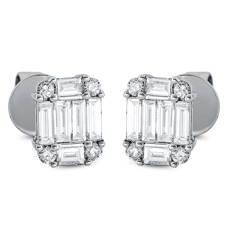Ohrstecker 18 kt WG. 12 Baguette 0.46 ct. TW-vsi/si. 8 Brillanten 0.11 ct. TW-vsi/si. H:7.6 mm. B:5.9 mm. S:2.9 mm