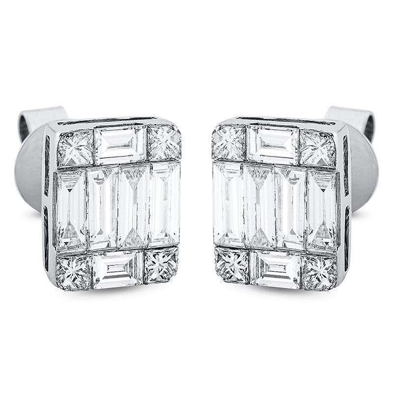 Ohrstecker 18 kt WG. 8 Baguette 0.98 ct. TW-vsi. 4 Baguette 0.43 ct. TW-vsi. 8 Princ. 0.56 ct. TW-vsi. H:10.2 mm. B:8.0 mm. S:3.5 mm