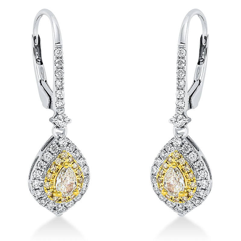 Ohrschmuck 18 kt WG+GG. 50 Brillanten 0.47 ct. TW-si. 2 Tropfen 0.44 ct. gelb. 28 Brillanten 0.10 ct. gelb. H:30.5 mm. B:8.8 mm. S:4.8 mm