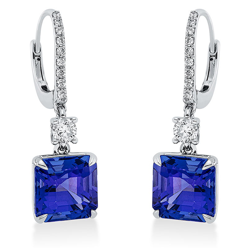 Ohrschmuck 4er-Krappe 18 kt WG. 20 Brillanten 0.38 ct. TW-si. 2 Tansanit 6.62 ct blau. H:27.5 mm. B:8.5 mm. S:6.5 mm