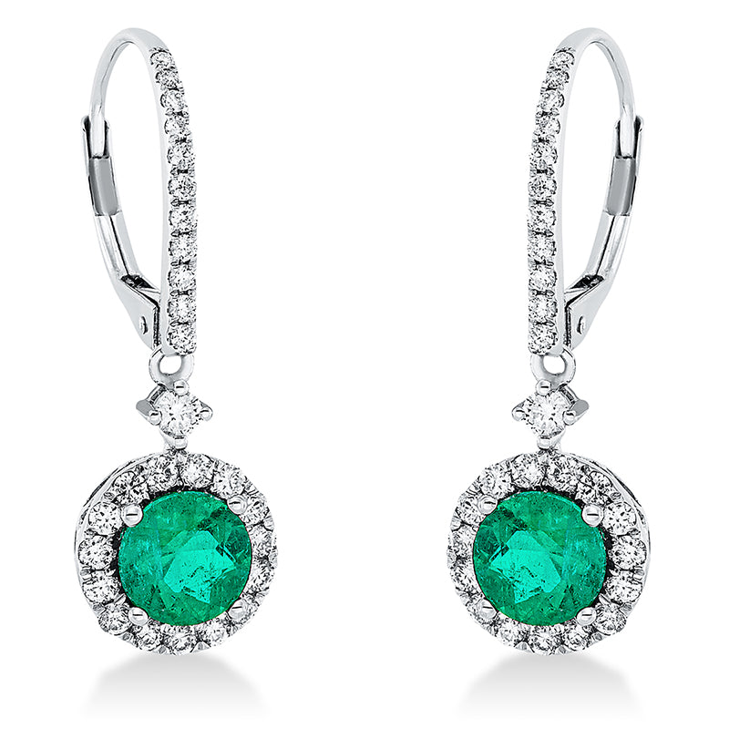 Ohrschmuck 18 kt WG, 54 Brill. 0,69 ct, TW-si, 2 Smaragde 1,50 ct grün