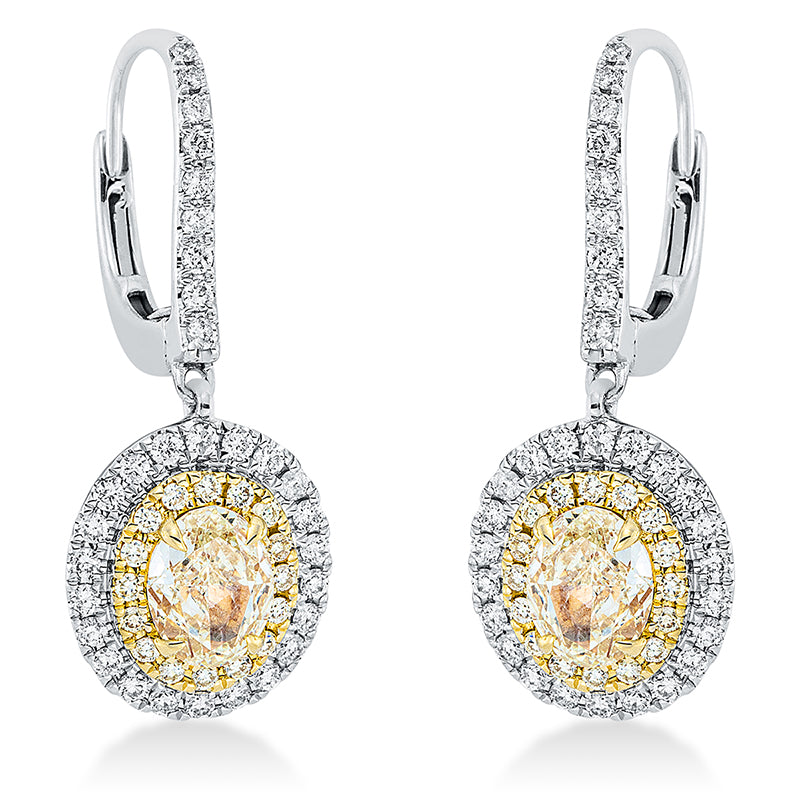 Ohrschmuck 4er-Krappe 18 kt WG+GG. 62 Brillanten 0.40 ct. TW-si. 2 Oval 1.64 ct. gelb. 32 Brillanten 0.15 ct. gelb. H:26.0 mm. B:9.8 mm. S:5.6 mm