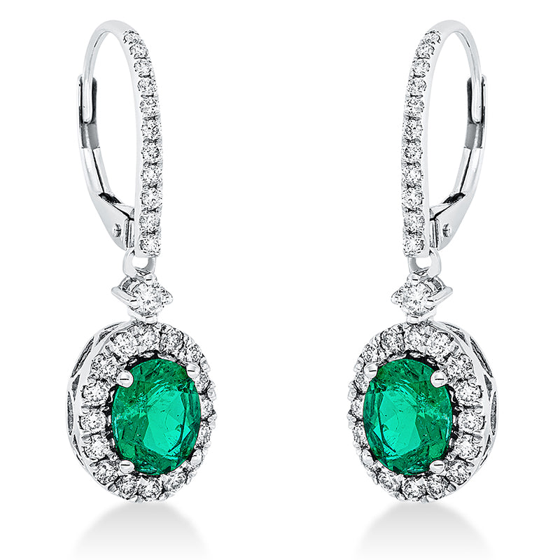 Ohrschmuck 4er-Krappe 18 kt WG. 60 Brillanten 0.77 ct. TW-si. 2 Smaragde 1.54 ct grün. H:29.6 mm. B:9.0 mm. S:5.2 mm