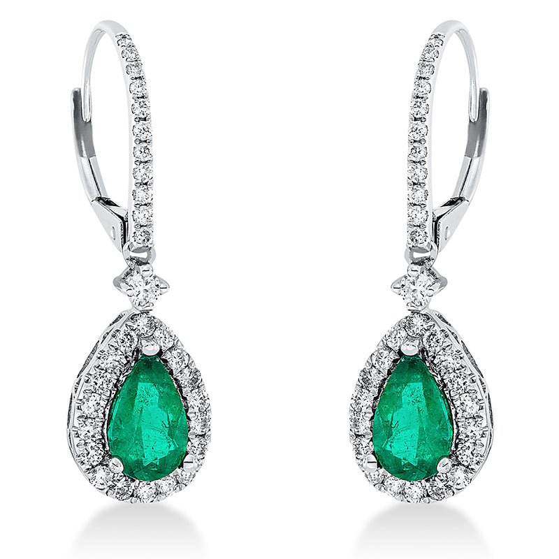 Ohrschmuck 18 kt WG, 60 Brill. 0,77 ct, TW-si, 2 Smaragde 1,48 ct grün