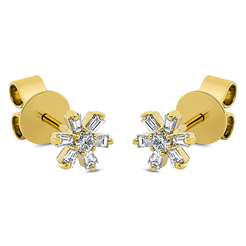 Ohrstecker 18 kt GG, Fassung rhodiniert, 12 Trap. 0,19 ct, TW-si, 2 Brill. 0,06 ct, TW-si