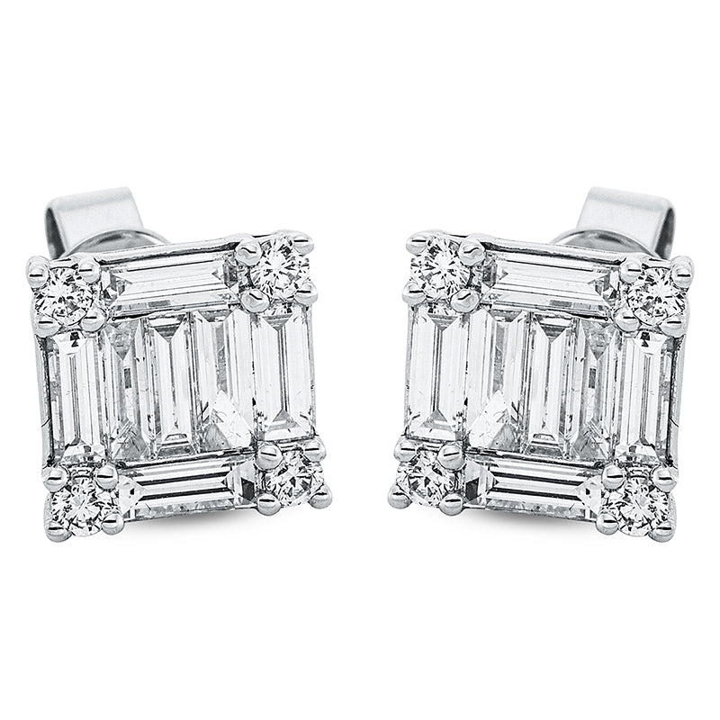Ohrstecker 18 kt WG, 14 Bag. 1,51 ct, TW-si, 8 Brill. 0,24 ct, TW-si