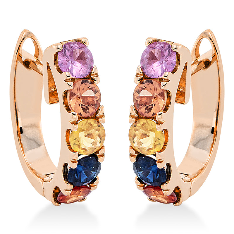 Creolen 18 kt RG, 2 Saphire 0,25 ct orange, 2 Saphire 0,22 ct rot, 2 Saphire 0,22 ct lila, 2 Saphire 0,25 ct gelb, 2 Saphire 0,22 ct blau