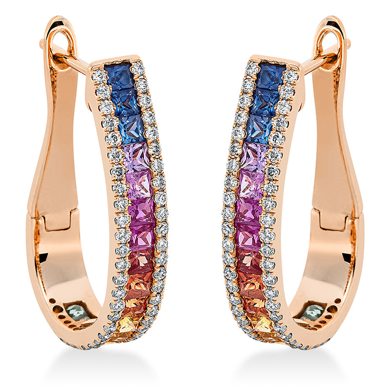 Creolen 18 kt RG. 112 Brillanten 0.55 ct. TW-si. 112 Saphire 0.55 ct multicolor. H:23.8 mm. B:15.1 mm. S:4.4 mm