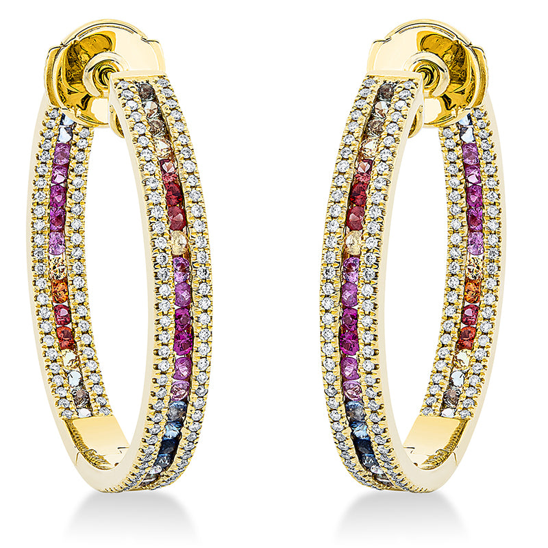 Creolen 18 kt GG, 276 Brill. 0,56 ct, TW-si, 84 Saphire 1,60 ct fancy