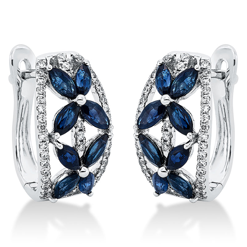 Creolen 18 kt WG, 78 Brill. 0,25 ct, TW-pi, 16 Saphire 1,78 ct blau