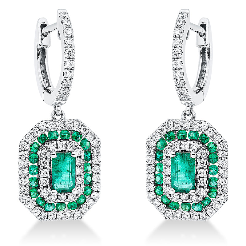 Ohrschmuck 18 kt WG. 116 Brillanten 0.60 ct. TW-si. 1 Smaragd 0.65 ct grün. 39 Smaragde 0.33 ct grün