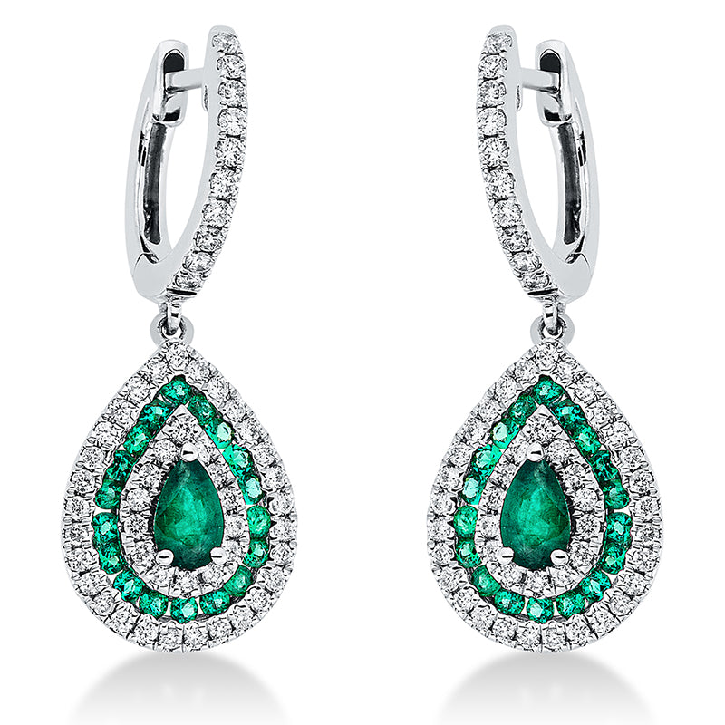 Ohrschmuck 18 kt WG, 106 Brill. 0,51 ct, TW-si, 1 Smaragd 0,40 ct grün, 37 Smaragde 0,33 ct grün