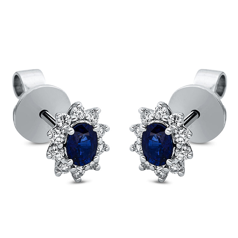 Ohrstecker 18 kt WG, 20 Brill. 0,18 ct, TW-si, 2 Saphire 0,38 ct blau