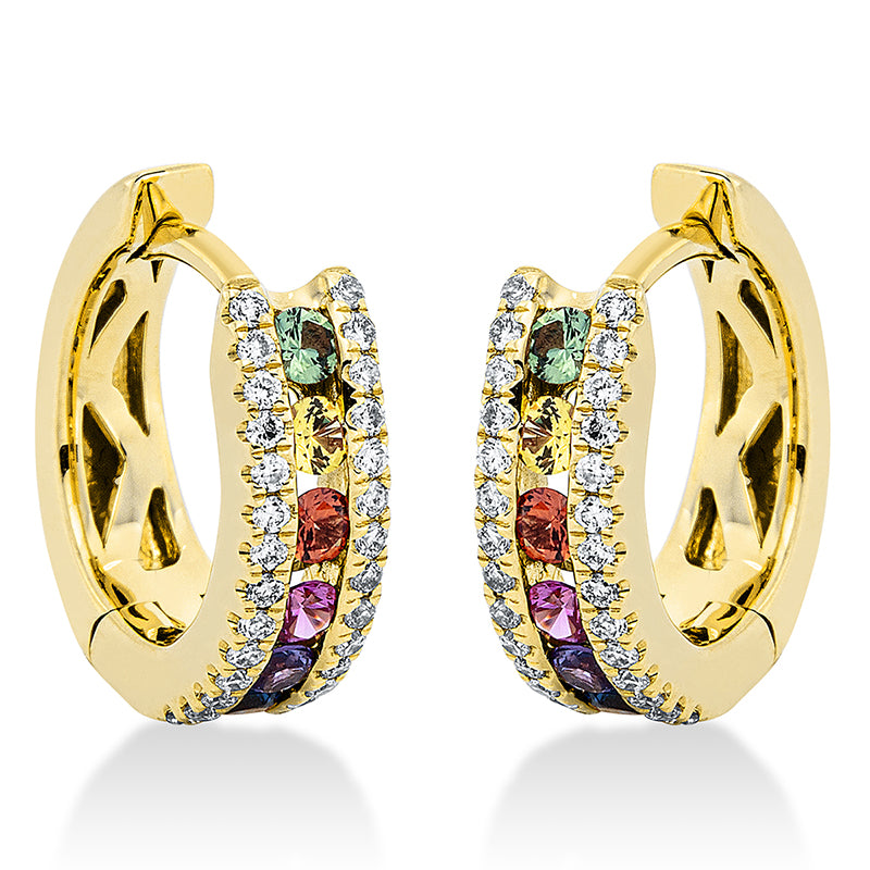 Creolen 18 kt GG. 56 Brillanten 0.19 ct. TW-si. 12 Saphire 0.35 ct multicolor. H:12.3 mm. B:12.5 mm. S:3.7 mm
