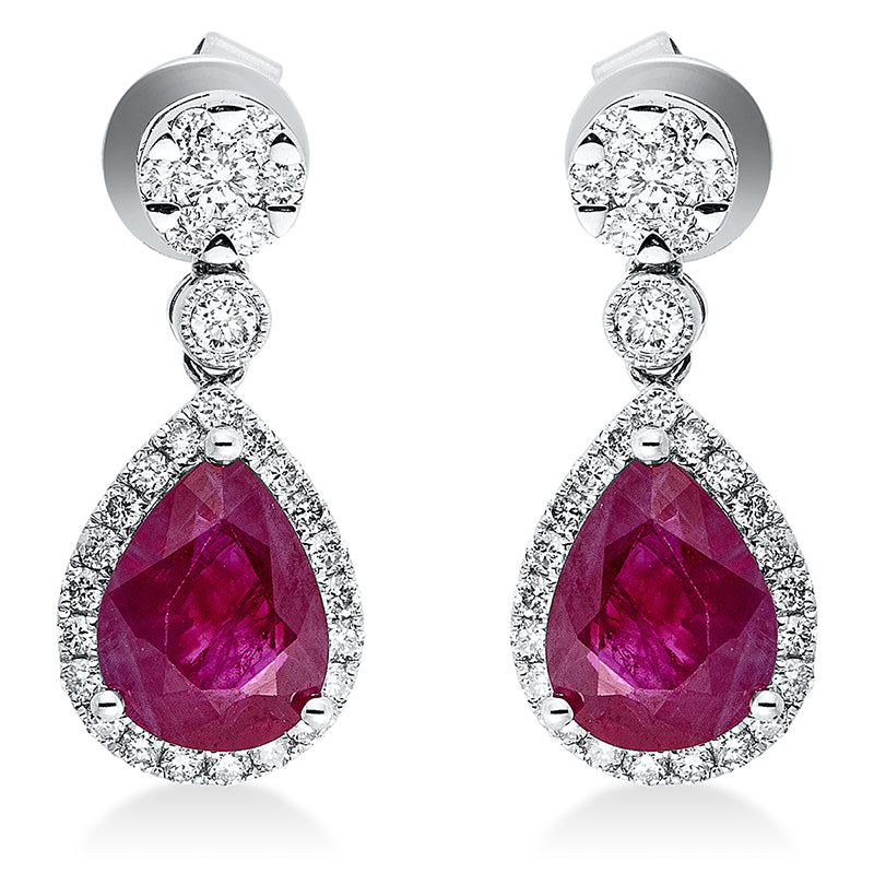 Ohrschmuck 18 kt WG, 4 Brill. 0,10 ct, W-pi, 54 Brill. 0,36 ct, W-pi, 2 Rubine 2,88 ct rot