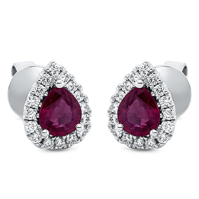 Ohrstecker 3er-Krappe 18 kt WG. 32 Brillanten 0.31 ct. TW-si. 2 Rubine 1.21 ct rot. H:10.1 mm. B:8.0 mm. S:3.8 mm