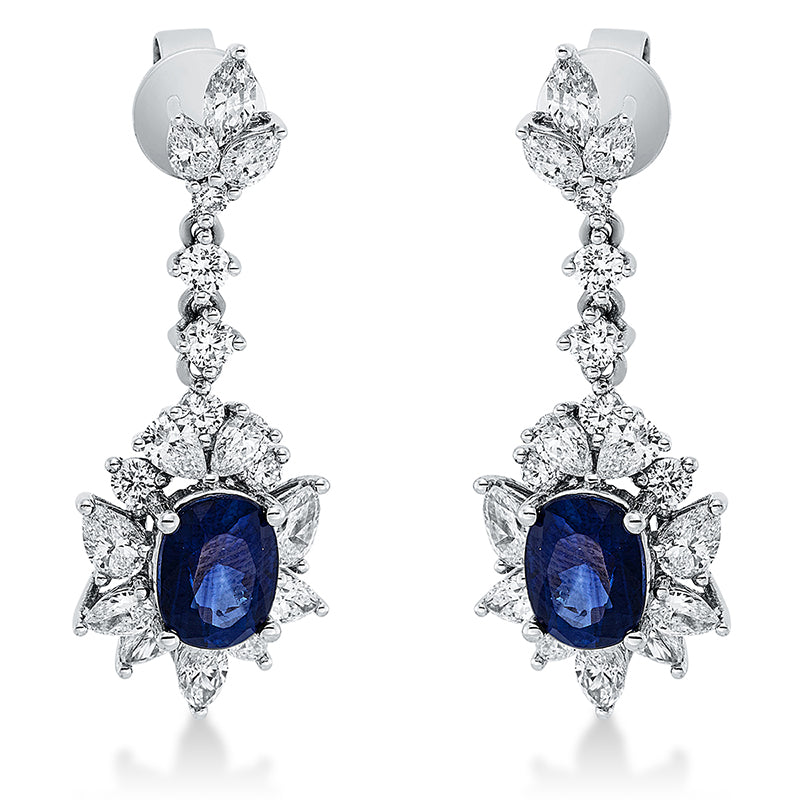 Ohrschmuck 18 kt WG. 20 Tropfen 1.14 ct. W-pi. 4 Navette 0.27 ct. W-pi. 12 Brillanten 0.33 ct. W-pi. 2 Saphire 2.28 ct blau