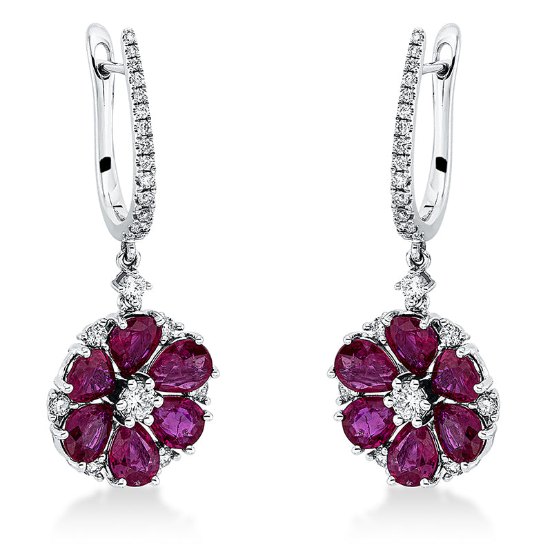 Ohrschmuck 18 kt WG, 2 Brill. 0,15 ct, W-pi, 42 Brill. 0,40 ct, W-pi, 12 Rubine 3,99 ct rot