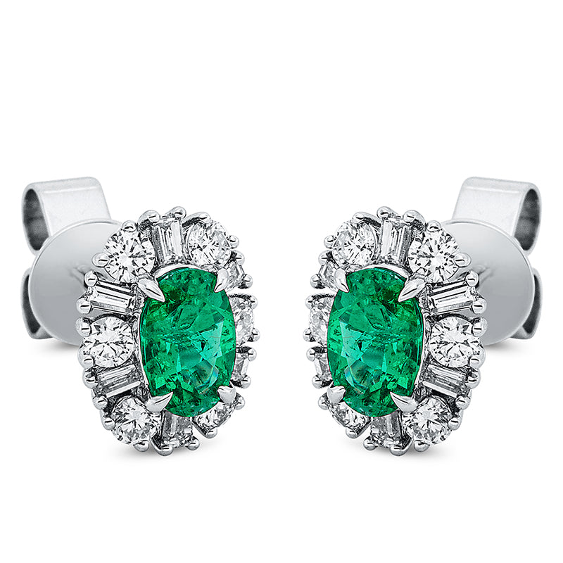 Ohrstecker 18 kt WG, 12 Trap. 0,17 ct, TW-si, 12 Brill. 0,39 ct, TW-si, 2 Smaragde 0,75 ct grün