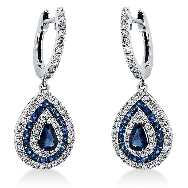 Ohrschmuck 18 kt WG, 106 Brill. 0,57 ct, TW-si, 1 Saphir 0,57 ct blau, 35 Saphire 0,44 ct blau