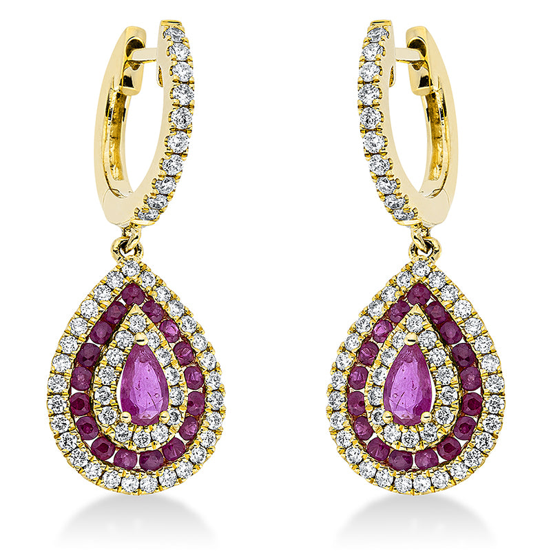 Ohrschmuck 18 kt GG, 106 Brill. 0,58 ct, TW-si, 1 Rubin 0,36 ct rot, 35 Rubine 0,51 ct rot