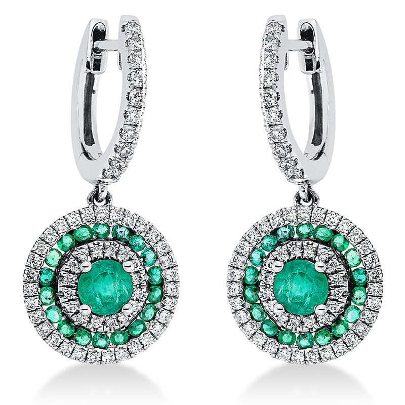 Ohrschmuck 18 kt WG. 114 Brillanten 0.47 ct. TW-si. 1 Smaragd 0.49 ct grün. 37 Smaragde 0.35 ct grün