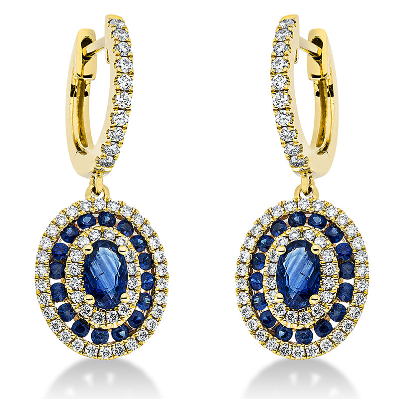 Ohrschmuck 18 kt GG, 112 Brill. 0,50 ct, TW-si, 1 Saphir 0,71 ct blau, 33 Saphire 0,43 ct blau