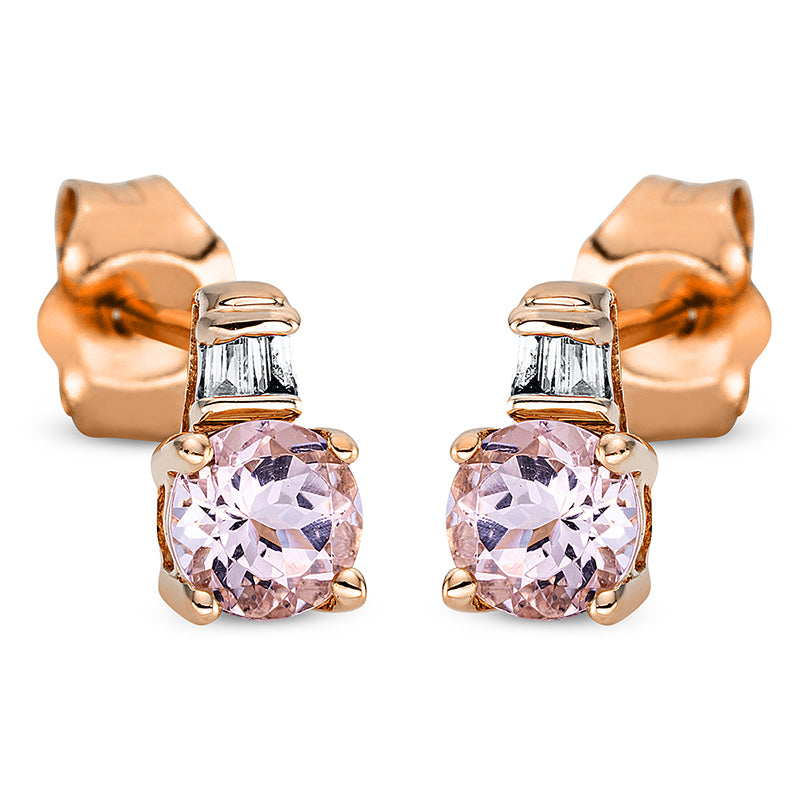 Ohrschmuck 18 kt RG, 4 Bag. 0,03 ct, TW-si, 2 Morganit 0,42 ct rosa